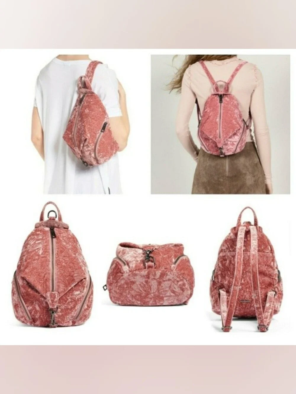 Rebecca Minkoff Julian Pink Crushed Velvet Backpack Purse Bag